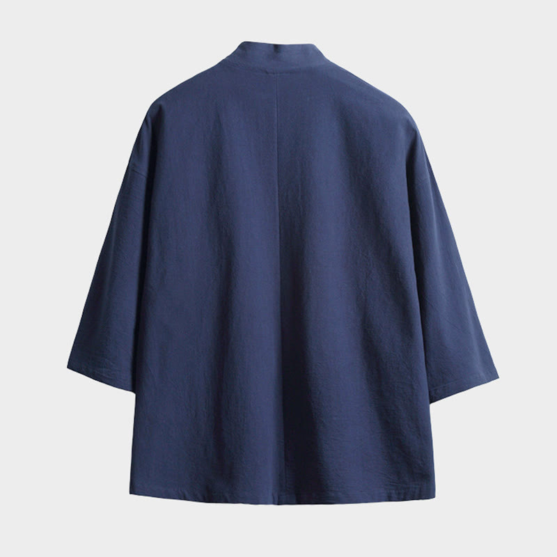 Buddha Stones無地 レースアップ 七分袖 オープンフロント ジャケット メンズ 着物 - image 1