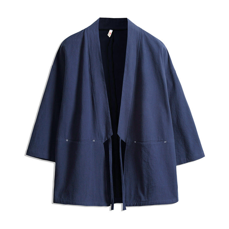 Buddha Stones無地 レースアップ 七分袖 オープンフロント ジャケット メンズ 着物 - スチールブルー - US/UK/AU48、 EU58(5XL) - image 0
