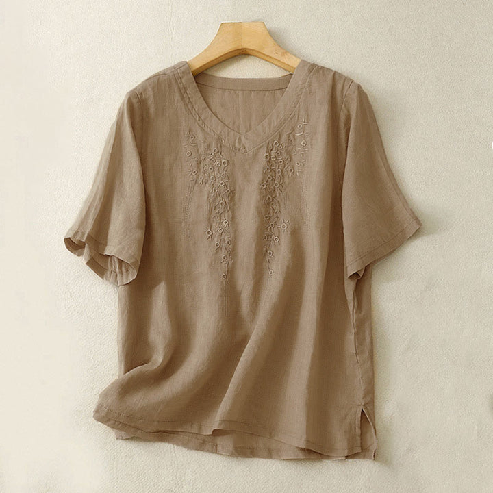Buddha Stonesカジュアル レディース 刺繍入り花柄 Vネック ゆったり半袖シャツ - タン - US8-10，UK/AU12-14，EU40-42 (2XL) - image 12