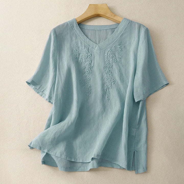 Buddha Stonesカジュアル レディース 刺繍入り花柄 Vネック ゆったり半袖シャツ - 水色 - US8-10，UK/AU12-14，EU40-42 (2XL) - image 21