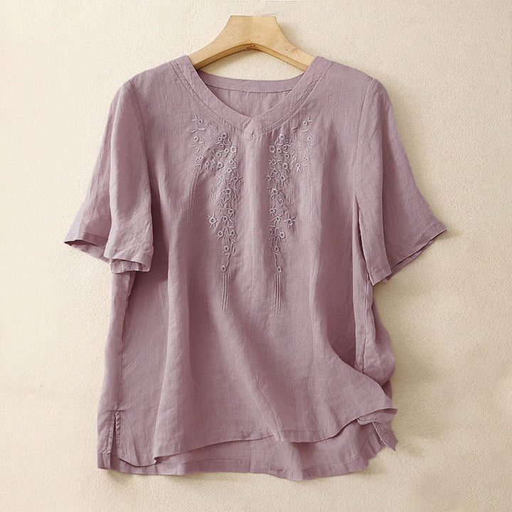 Buddha Stonesカジュアル レディース 刺繍入り花柄 Vネック ゆったり半袖シャツ - アザミ - US8-10，UK/AU12-14，EU40-42 (2XL) - image 6