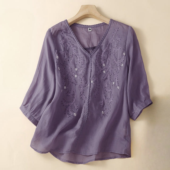 Buddha Stones夏用 カジュアル 花枝刺繍模様 Vネック 半袖 レディース Tシャツ - ミディアムオーキッド - US8-10，UK/AU12-14，EU40-42 (2XL) - image 6