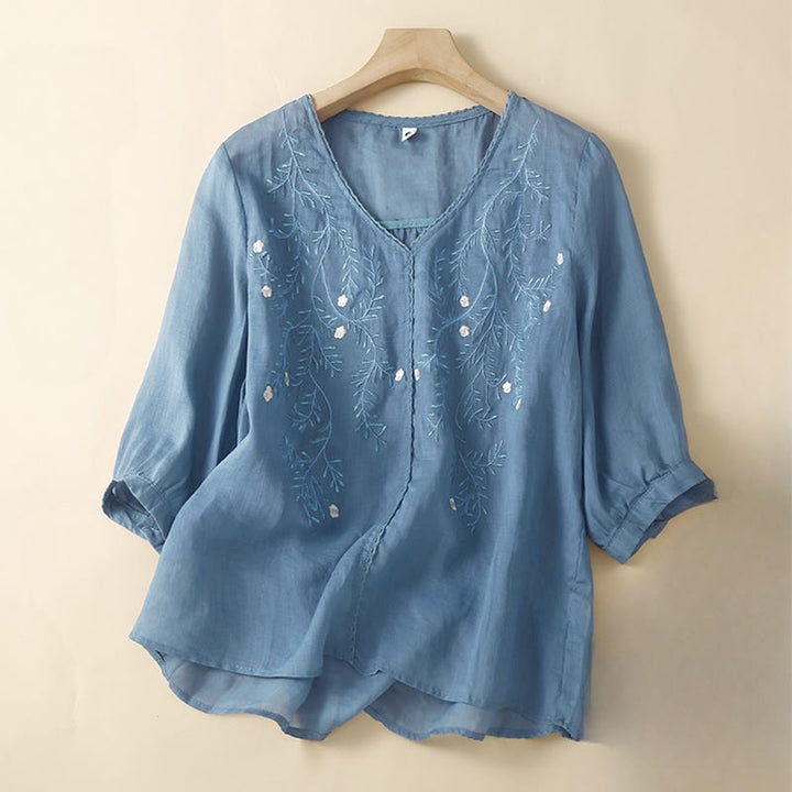 Buddha Stones夏用 カジュアル 花枝刺繍模様 Vネック 半袖 レディース Tシャツ - スチールブルー - US8-10，UK/AU12-14，EU40-42 (2XL) - image 3