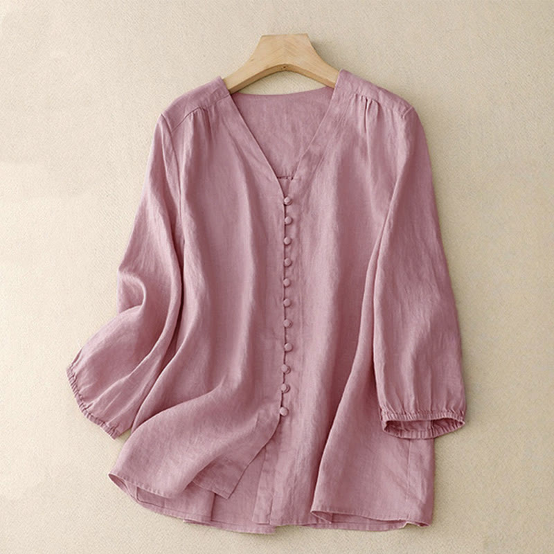 Buddha StonesVネックデザイン レディース長袖シャツ - ピンク - US8-10，UK/AU12-14，EU40-42 (2XL) - image 0
