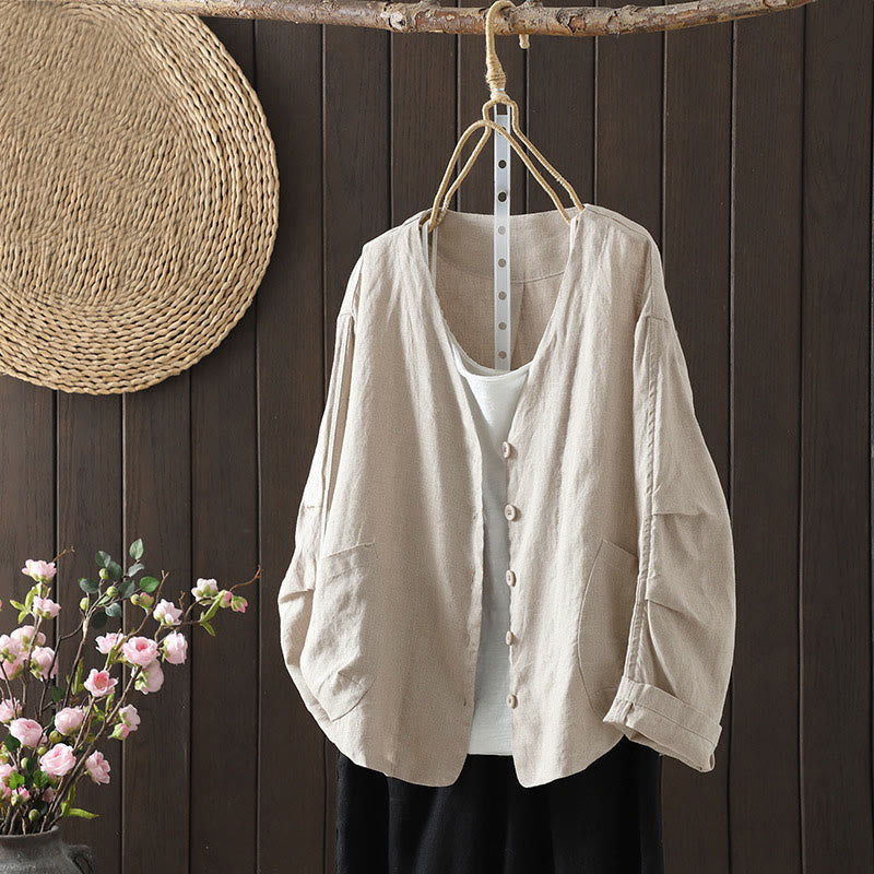 Buddha Stones無地 Vネック レディースジャケット ポケット付き - ベージュ - US14、 UK/AU18、 EU46 (2XL) - image 0