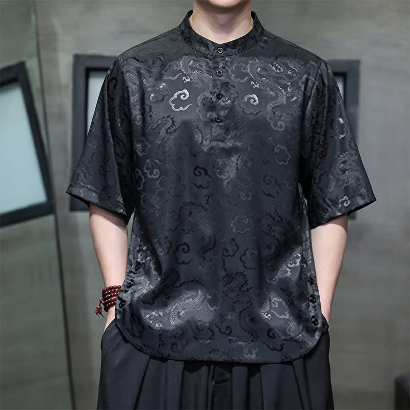 Buddha Stones 夏物 ヴィンテージ 唐風 マンダリンカラー 龍雲柄 メンズ 半袖シャツ - 黒 - US/UK/AU46, EU56 （5XL） - image 0