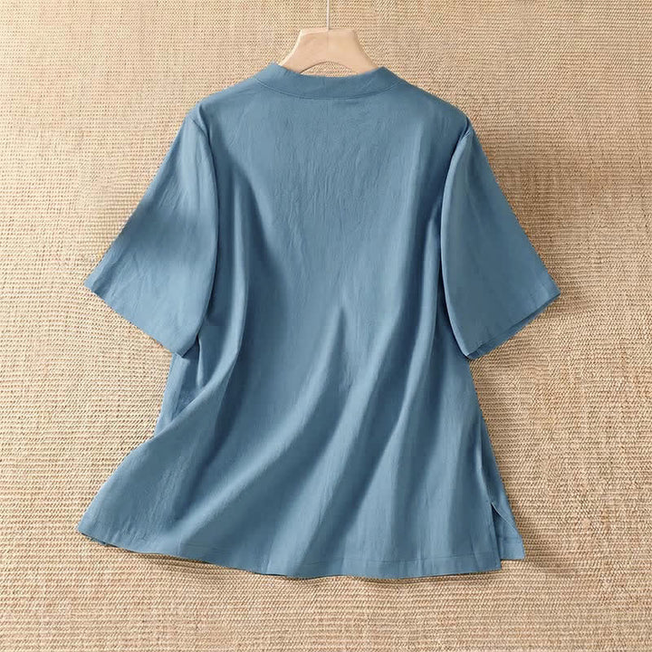 Buddha Stones 夏物カジュアル タンスタイル カエルボタン クルーネック 無地 レディース 半袖シャツ - image 1
