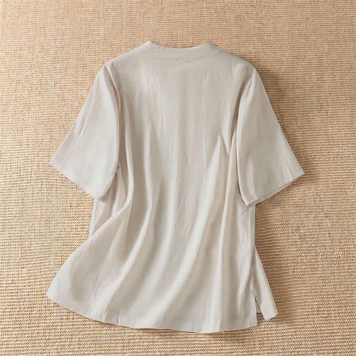 Buddha Stones 夏物カジュアル タンスタイル カエルボタン クルーネック 無地 レディース 半袖シャツ - image 6