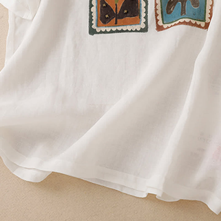 Buddha Stones 夏物カジュアル ヴィンテージ風 花柄スクエアパッチワーク レディース 半袖Tシャツ - image 24