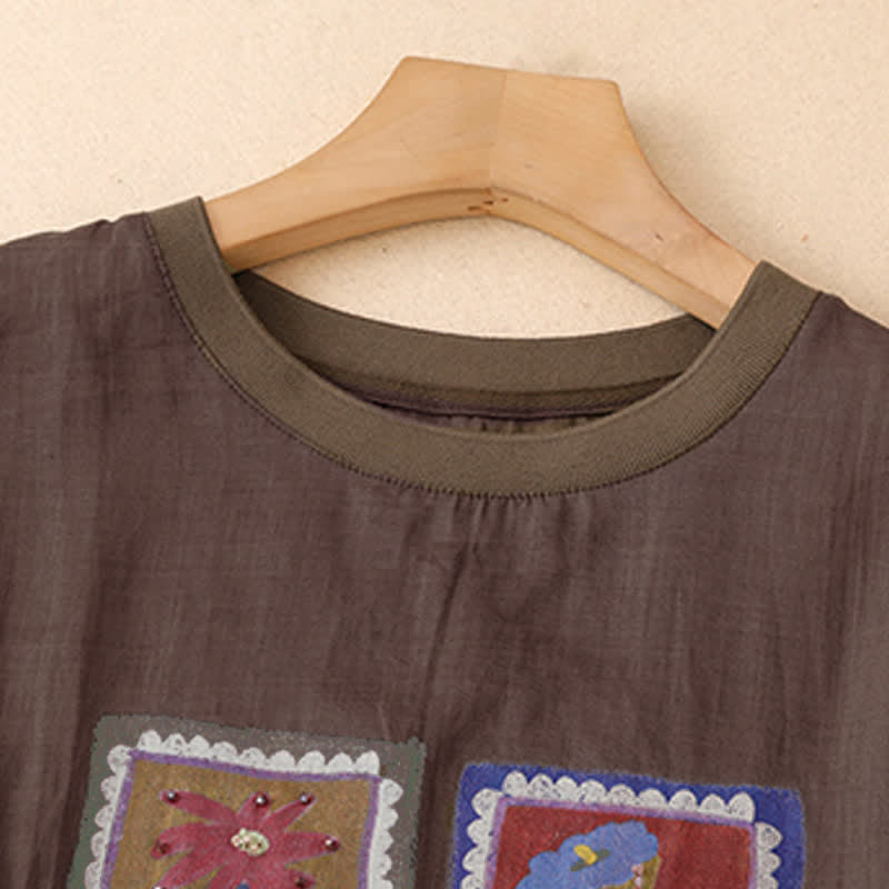 Buddha Stones 夏物カジュアル ヴィンテージ風 花柄スクエアパッチワーク レディース 半袖Tシャツ - image 10