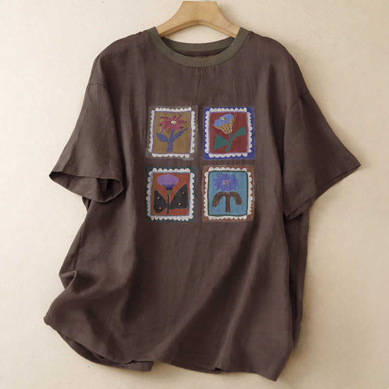 Buddha Stones 夏物カジュアル ヴィンテージ風 花柄スクエアパッチワーク レディース 半袖Tシャツ - サドルブラウン - US12, UK/AU16, EU44 （2XL） - image 9