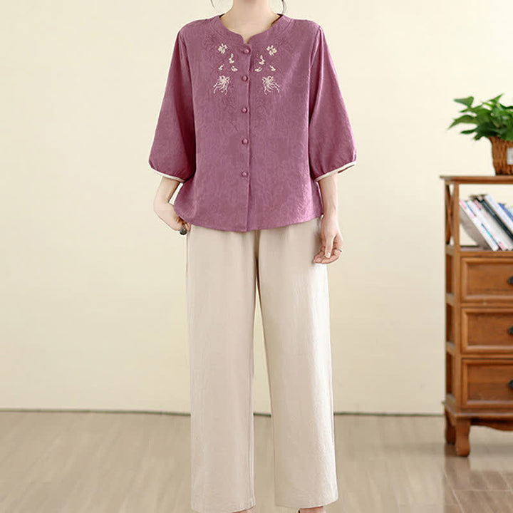 Buddha Stones 夏物 ヴィンテージ 唐風 刺繍 花柄 レディース 七分袖シャツ - image 1