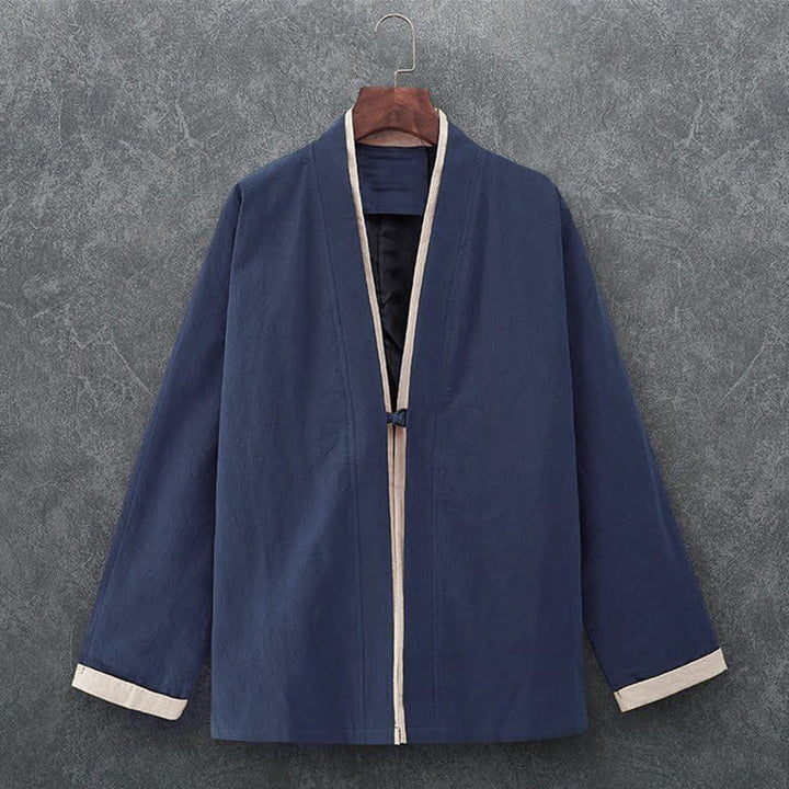 Buddha Stones 春夏ミニマリストカジュアル結びボタン無地コットン七分袖メンズ着物 - 海軍 - US/UK/AU46, EU56 （5XL） - image 0