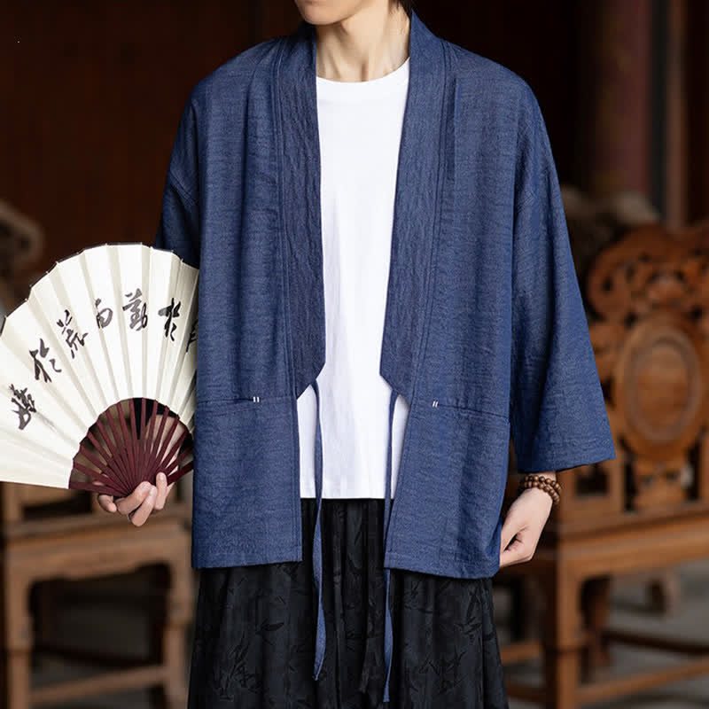 Buddha Stones 春夏カジュアルミニマリストドローストリング無地七分袖メンズ着物ポケット付き - image 5
