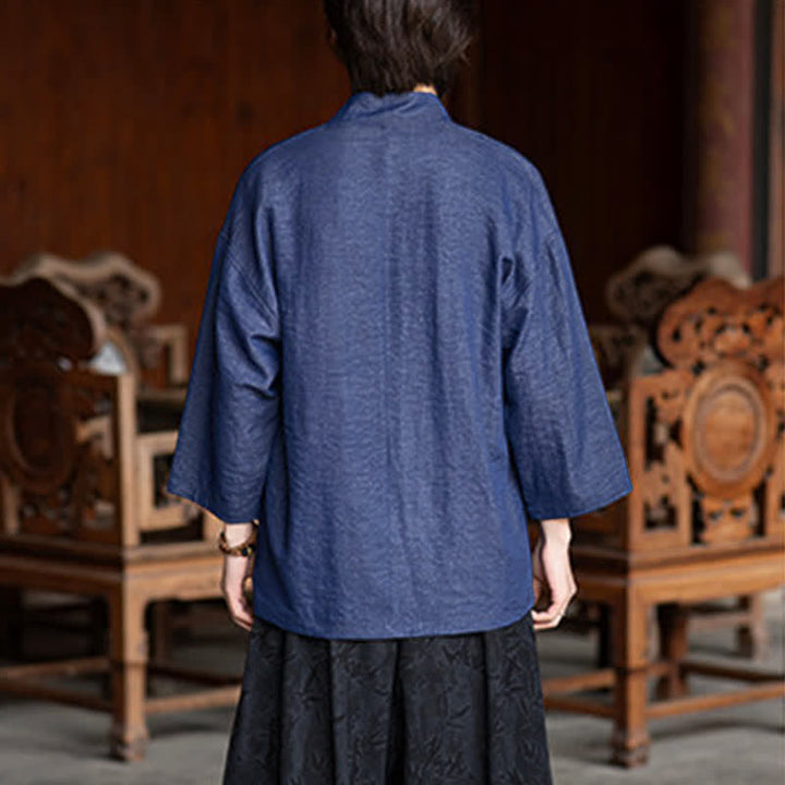 Buddha Stones 春夏カジュアルミニマリストドローストリング無地七分袖メンズ着物ポケット付き - image 3