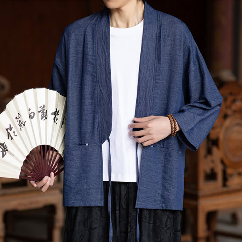 Buddha Stones 春夏カジュアルミニマリストドローストリング無地七分袖メンズ着物ポケット付き - image 1