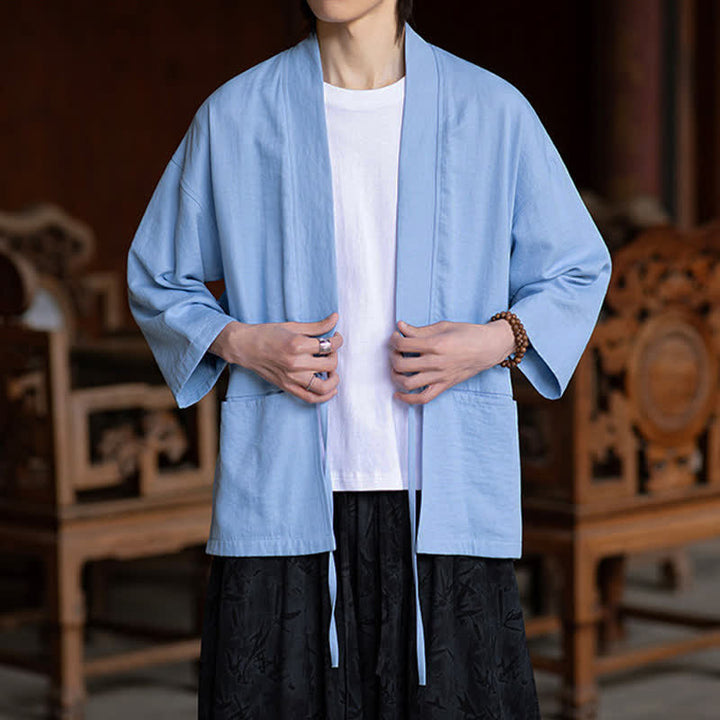 Buddha Stones 春夏カジュアルミニマリストドローストリング無地七分袖メンズ着物ポケット付き - image 14