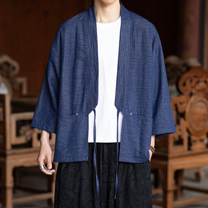 Buddha Stones 春夏カジュアルミニマリストドローストリング無地七分袖メンズ着物ポケット付き - image 4