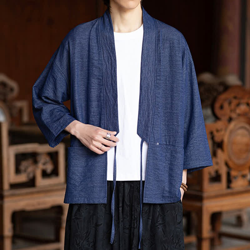 Buddha Stones 春夏カジュアルミニマリストドローストリング無地七分袖メンズ着物ポケット付き - image 2
