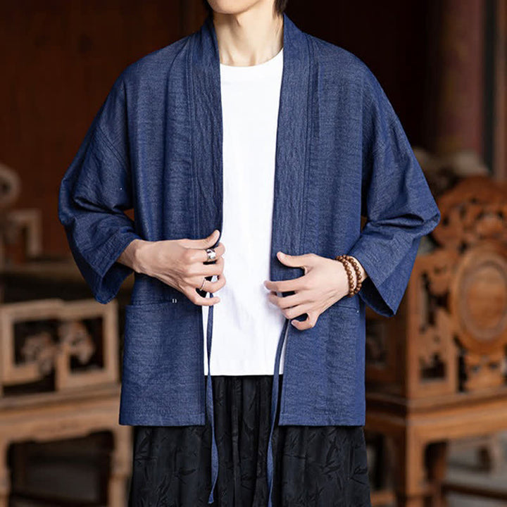 Buddha Stones 春夏カジュアルミニマリストドローストリング無地七分袖メンズ着物ポケット付き - image 7