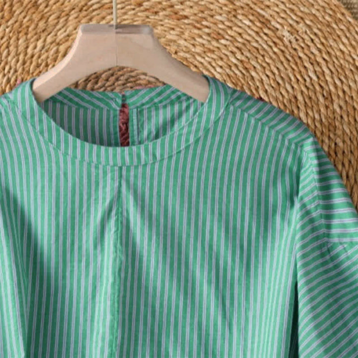Buddha Stones 春のカジュアルミニマリストグリーンストライプクルーネック長袖Tシャツ（レディース） - image 5