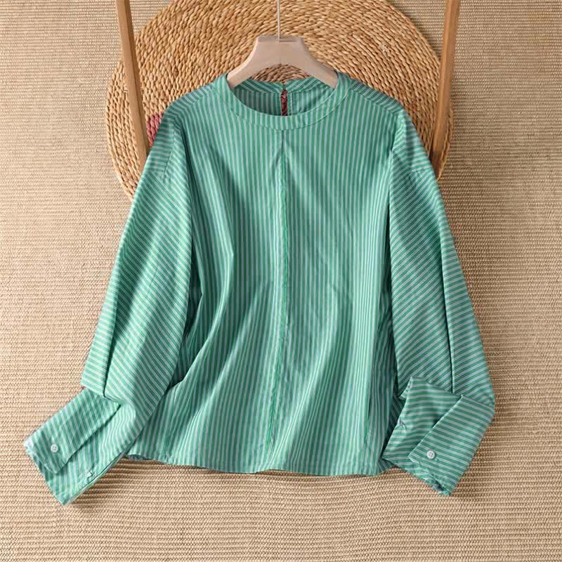 Buddha Stones 春のカジュアルミニマリストグリーンストライプクルーネック長袖Tシャツ（レディース） - ミディアムアクアマリン - US14, UK/AU18, EU46 （2XL） - image 0