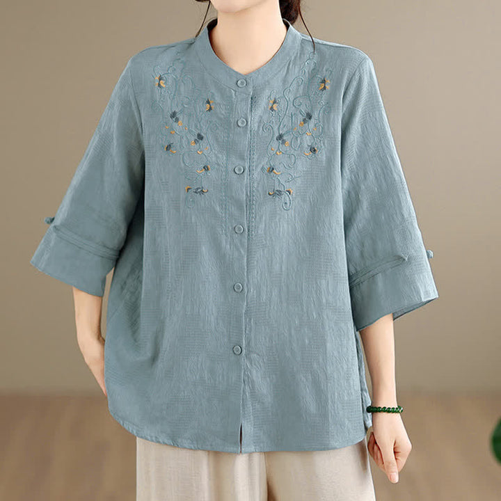 Buddha Stones 春夏ヴィンテージ唐草風刺繍マンダリンカラー花柄レディース長袖シャツ - image 17