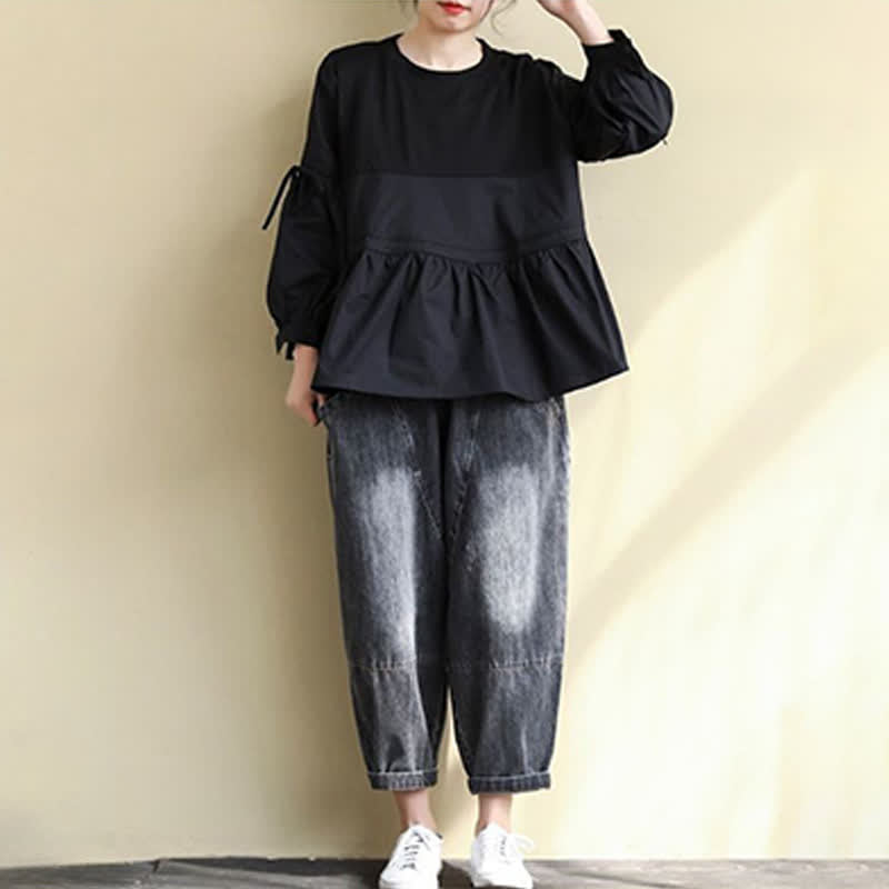 Buddha Stones 春秋カジュアルヴィンテージクルーネックペプラム裾ドローストリング無地レディース長袖Tシャツ - image 22