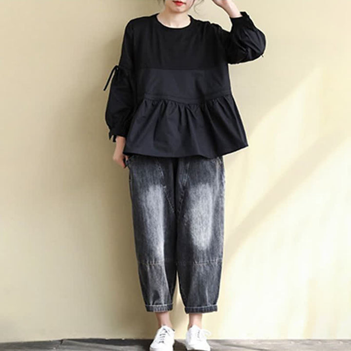 Buddha Stones 春秋カジュアルヴィンテージクルーネックペプラム裾ドローストリング無地レディース長袖Tシャツ - image 22