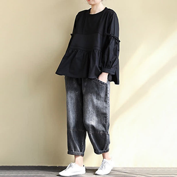 Buddha Stones 春秋カジュアルヴィンテージクルーネックペプラム裾ドローストリング無地レディース長袖Tシャツ - image 23