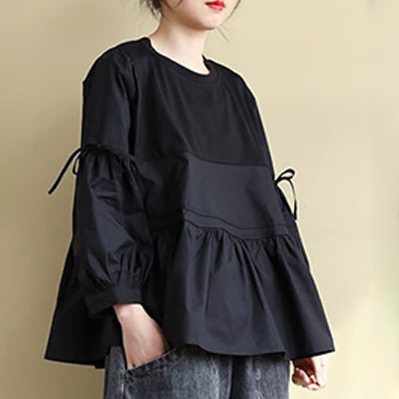 Buddha Stones 春秋カジュアルヴィンテージクルーネックペプラム裾ドローストリング無地レディース長袖Tシャツ - image 19
