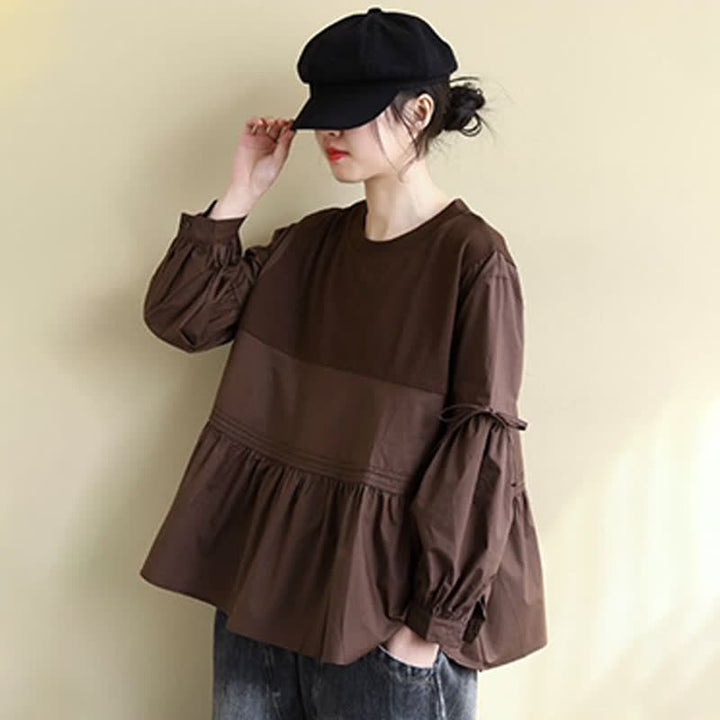 Buddha Stones 春秋カジュアルヴィンテージクルーネックペプラム裾ドローストリング無地レディース長袖Tシャツ - image 3