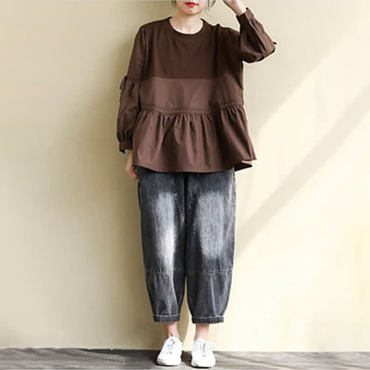 Buddha Stones 春秋カジュアルヴィンテージクルーネックペプラム裾ドローストリング無地レディース長袖Tシャツ - image 13