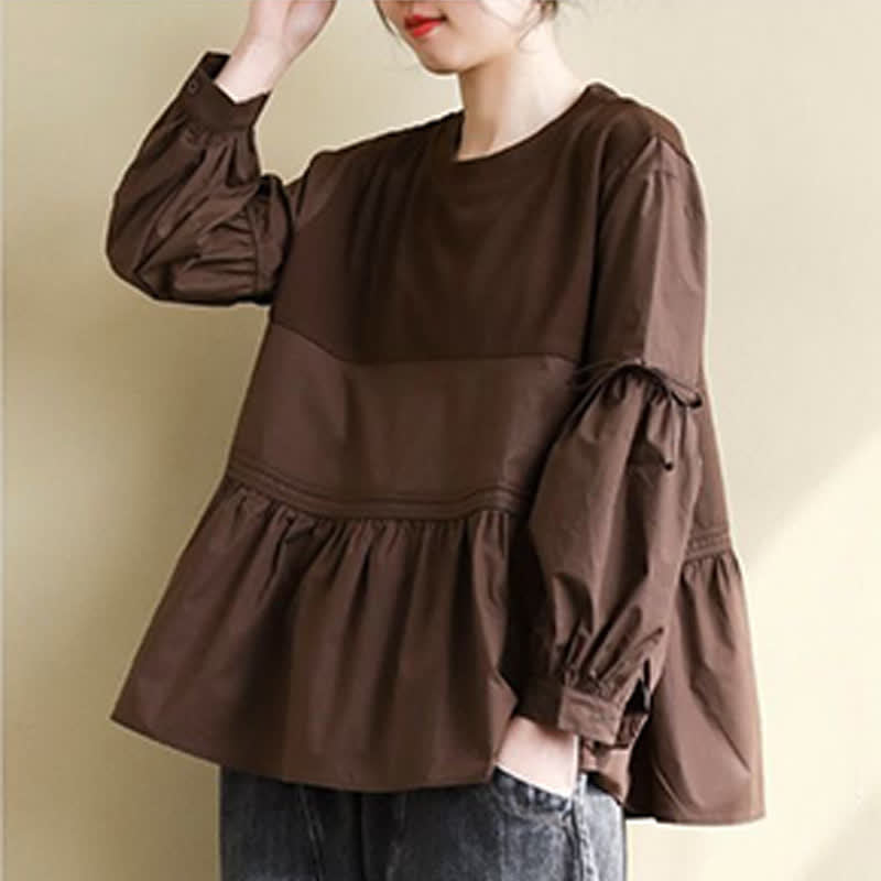 Buddha Stones 春秋カジュアルヴィンテージクルーネックペプラム裾ドローストリング無地レディース長袖Tシャツ - image 2