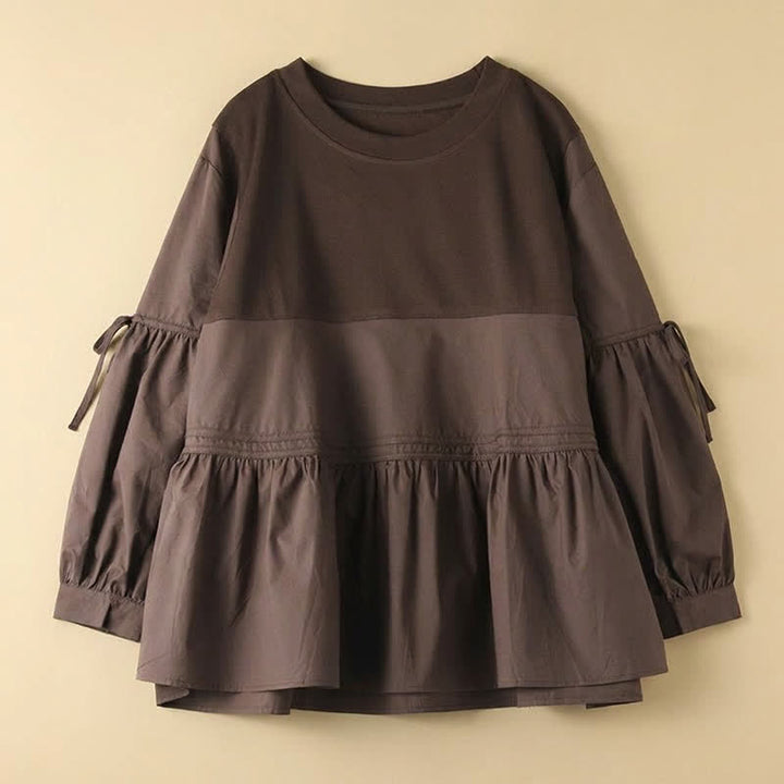 Buddha Stones 春秋カジュアルヴィンテージクルーネックペプラム裾ドローストリング無地レディース長袖Tシャツ - image 6