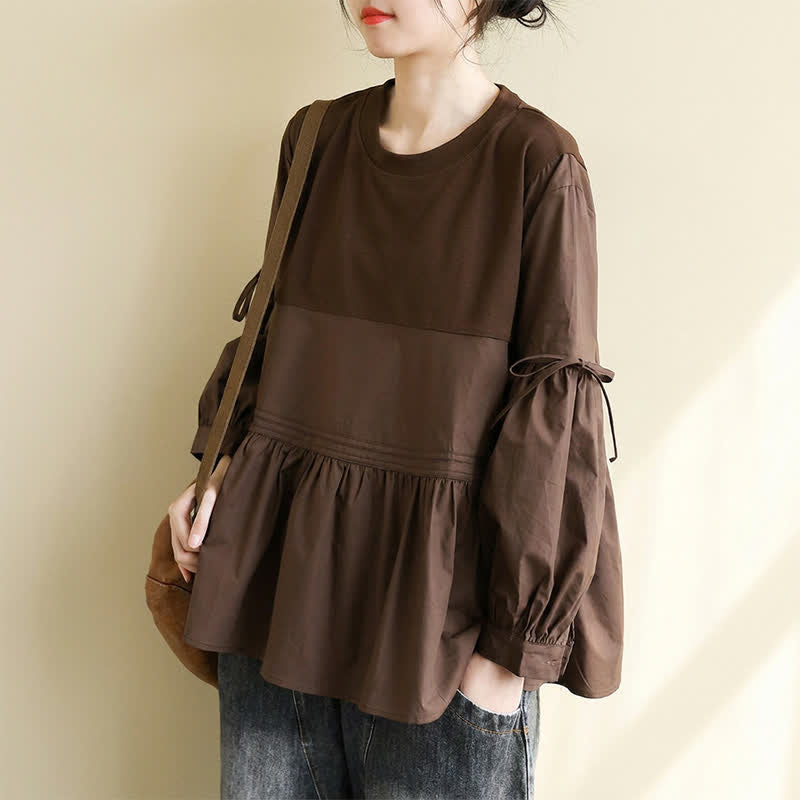 Buddha Stones 春秋カジュアルヴィンテージクルーネックペプラム裾ドローストリング無地レディース長袖Tシャツ - image 5