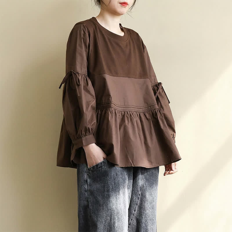 Buddha Stones 春秋カジュアルヴィンテージクルーネックペプラム裾ドローストリング無地レディース長袖Tシャツ - image 12