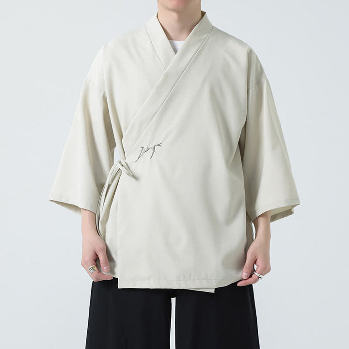 Buddha Stones サマータンスタイル ミニマリスト ドローストリング 竹製 無地 七分袖 メンズ着物 - image 6