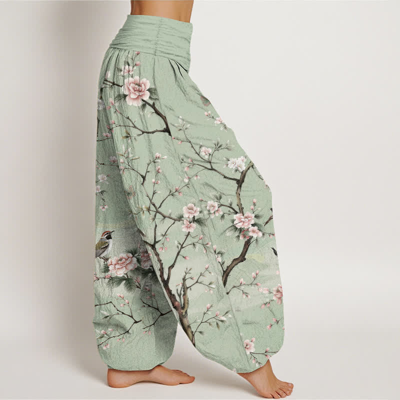 Buddha Stones 綿素材の桜と鳥の模様入りレディースゴムウエストハーレムパンツ - image 1
