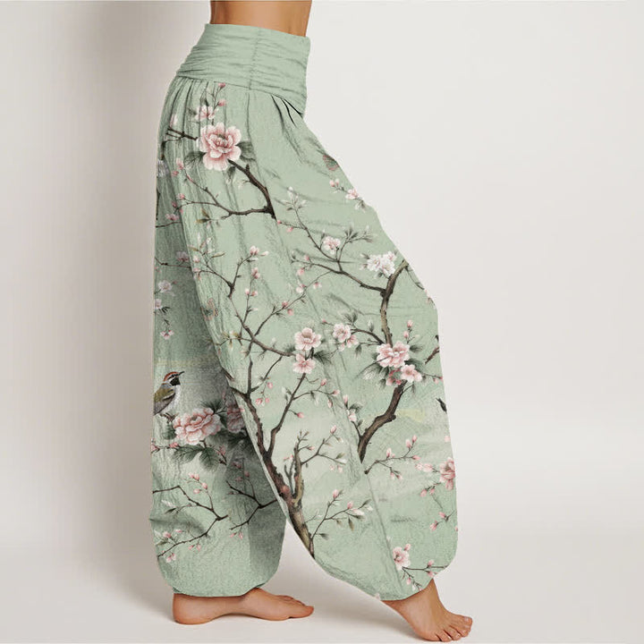 Buddha Stones 綿素材の桜と鳥の模様入りレディースゴムウエストハーレムパンツ - image 1