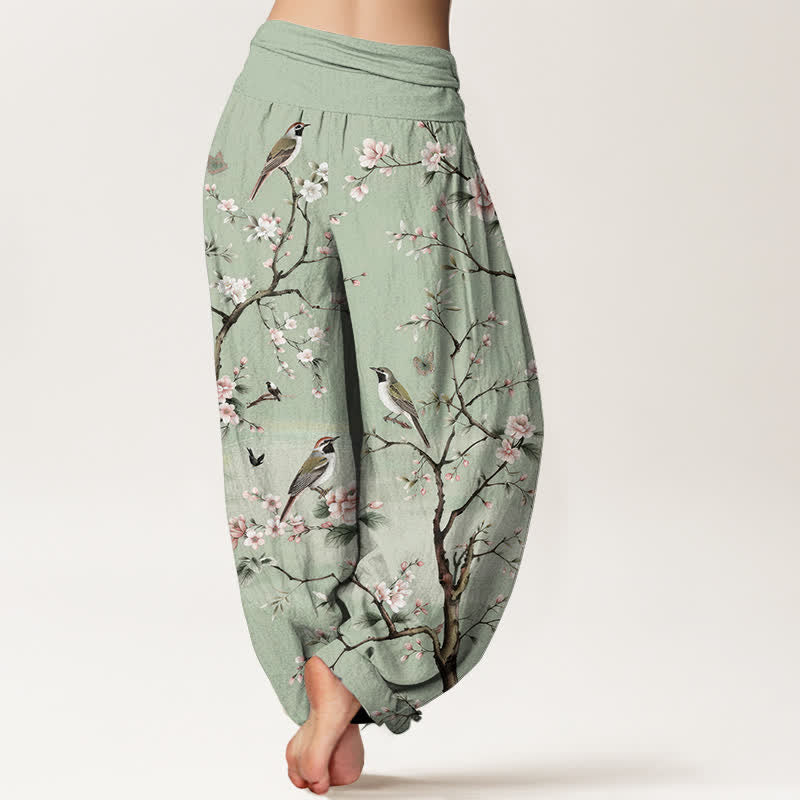Buddha Stones 綿素材の桜と鳥の模様入りレディースゴムウエストハーレムパンツ - image 2