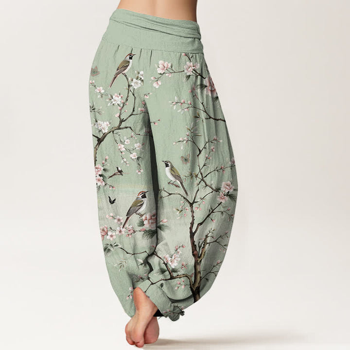 Buddha Stones 綿素材の桜と鳥の模様入りレディースゴムウエストハーレムパンツ - image 2
