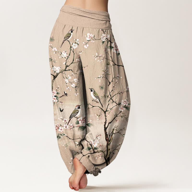 Buddha Stones 綿素材の桜と鳥の模様入りレディースゴムウエストハーレムパンツ - image 10