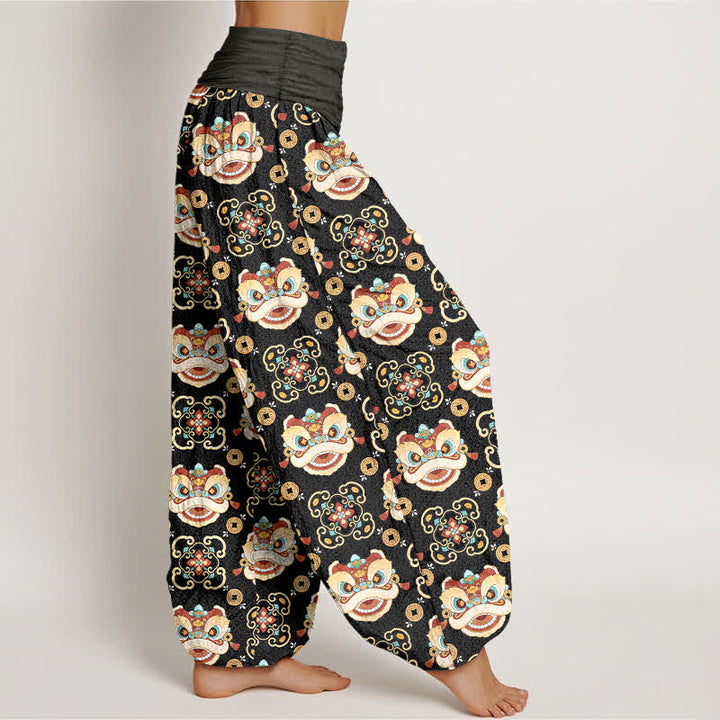 Buddha Stones コットン素材の部族風ライオンマスク柄レディースゴムウエストハーレムパンツ - image 1