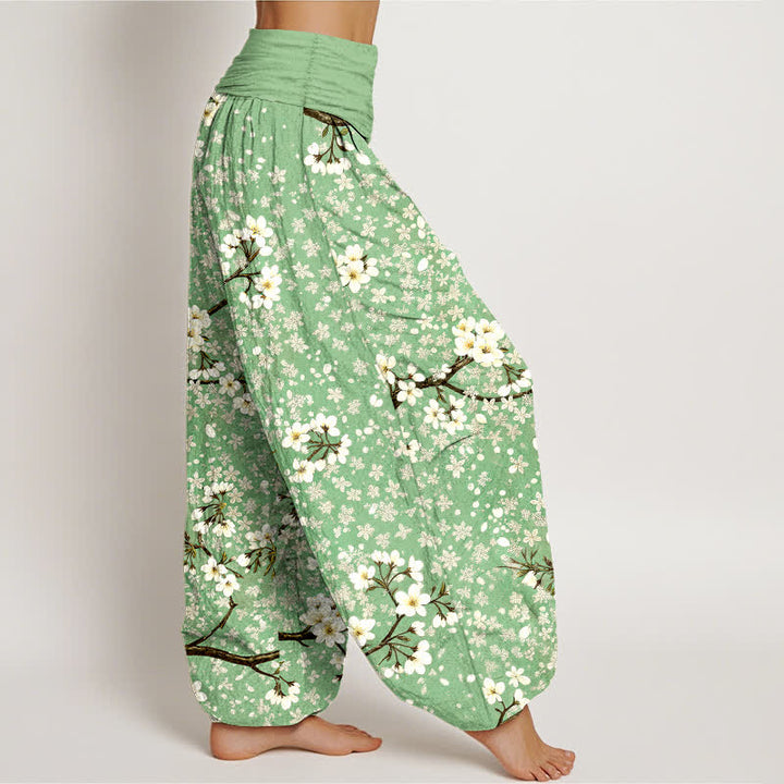 Buddha Stones コットン素材、白花柄、ウエストゴム入りレディースハーレムパンツ - image 1