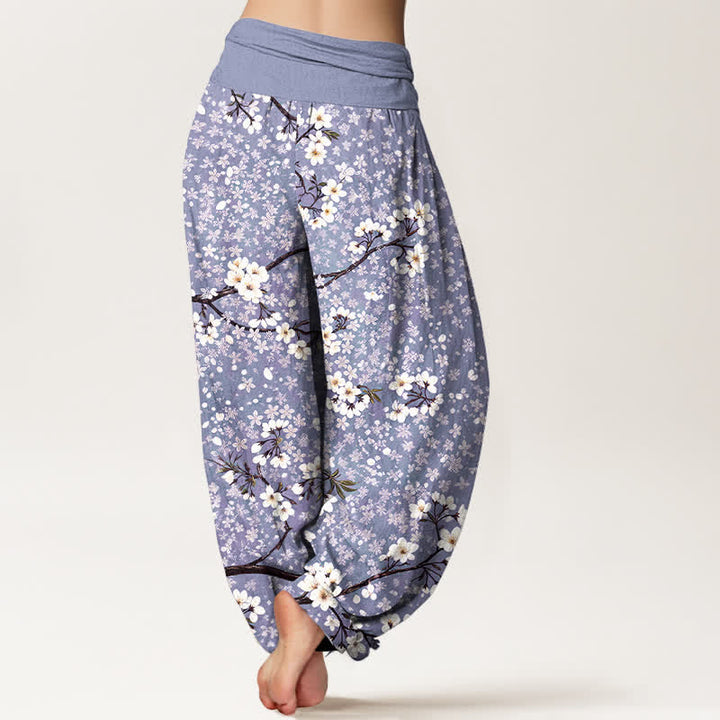 Buddha Stones コットン素材、白花柄、ウエストゴム入りレディースハーレムパンツ - image 7