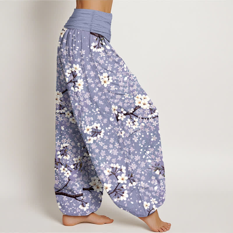 Buddha Stones コットン素材、白花柄、ウエストゴム入りレディースハーレムパンツ - image 6
