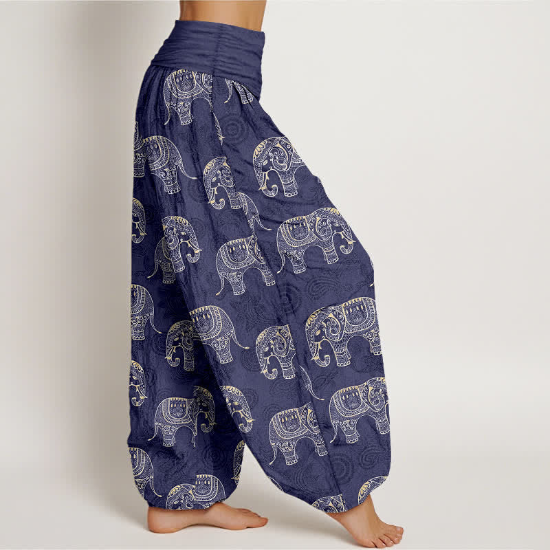 Buddha Stones コットン製、白象柄、ウエストゴム仕様のレディースハーレムパンツ - image 1