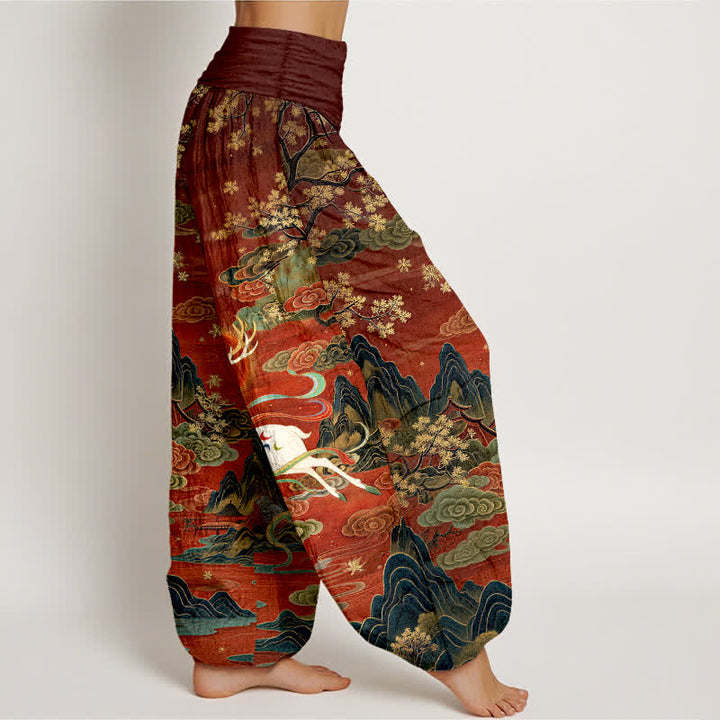 Buddha Stones コットン製、白鹿山柄、レディース用、ウエストゴム入りハーレムパンツ - image 1