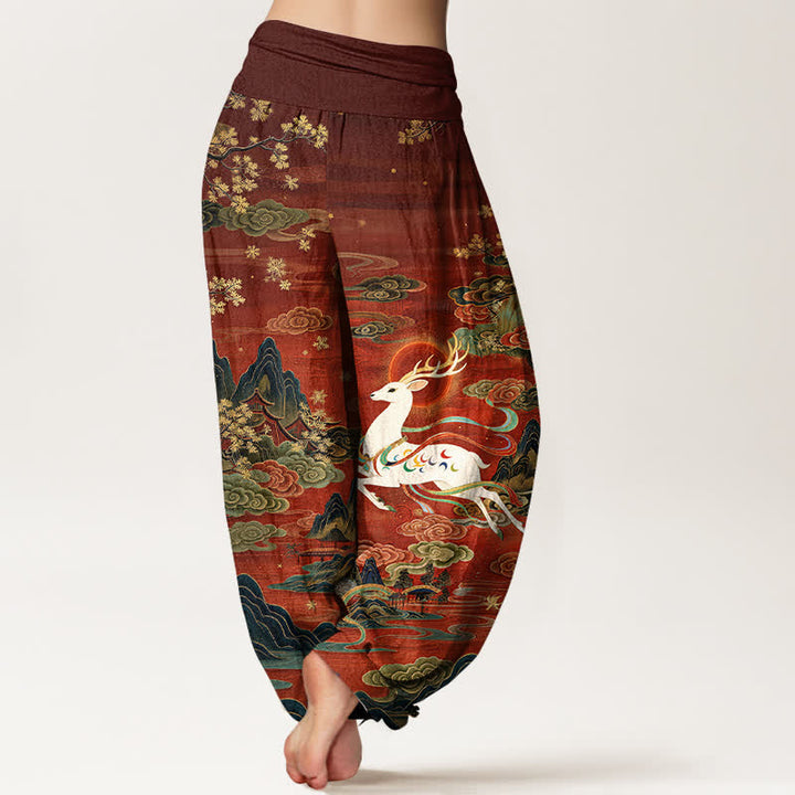Buddha Stones コットン製、白鹿山柄、レディース用、ウエストゴム入りハーレムパンツ - image 2